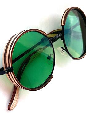 圆形绿色镜片斑马木质太阳眼镜