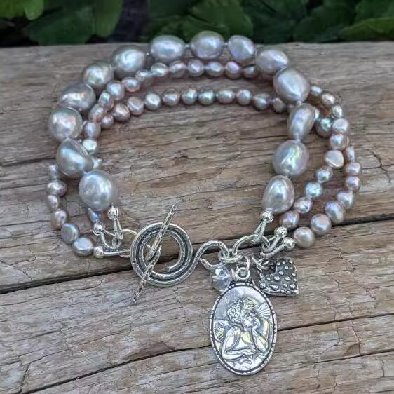 Bracelet㊣加拿大代购 手作巴洛克风格美丽珍珠串珠三层纯银手链