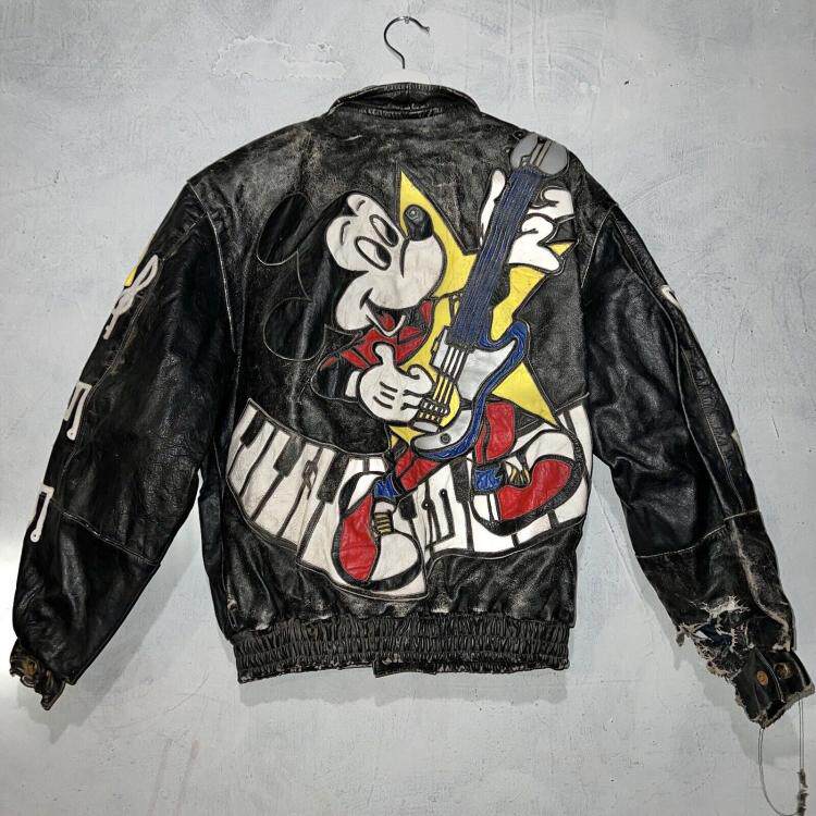 美国代购Leather ▼古着复古米老鼠摇滚音符仿旧真皮夹克皮衣外套