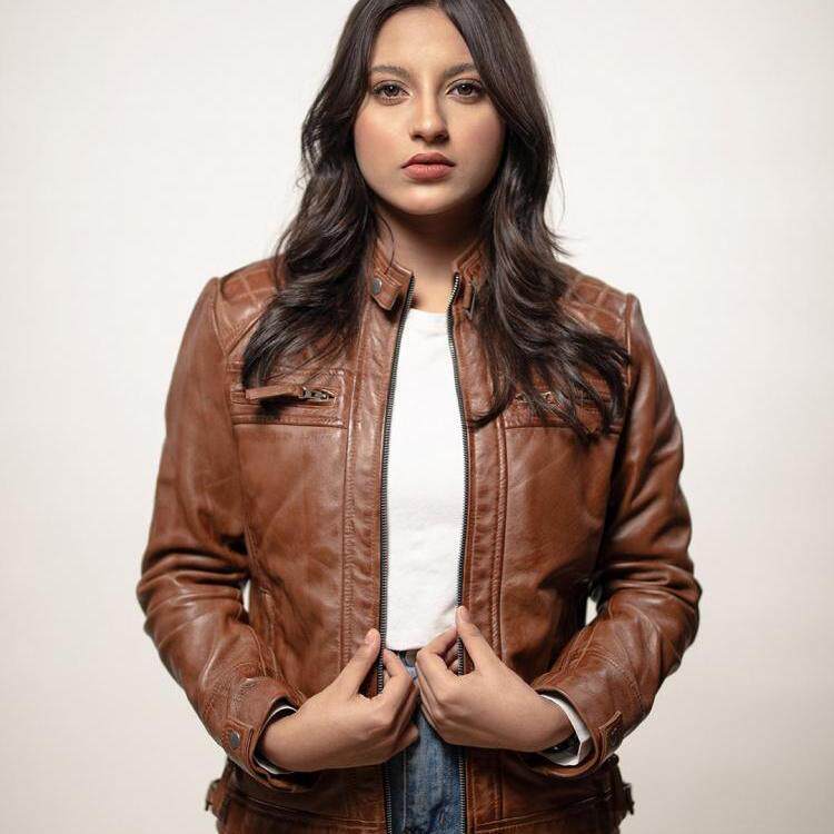 美国代购Leather ▼手作女士棕色绗缝羊皮经典时尚摩托赛车夹克