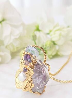 海外代购Necklace㊣ 手作紫色水晶项链女金色链条天然石个性吊坠