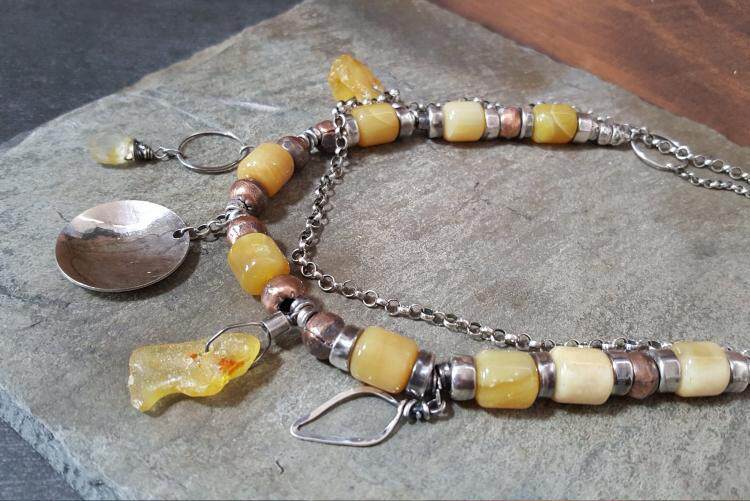美国代购Necklace㊣ 手作黄色蛋白石铜珠黄水晶纯银琥珀吊坠项链