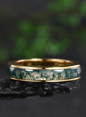 天然苔藓玛瑙金边14k金结婚戒指