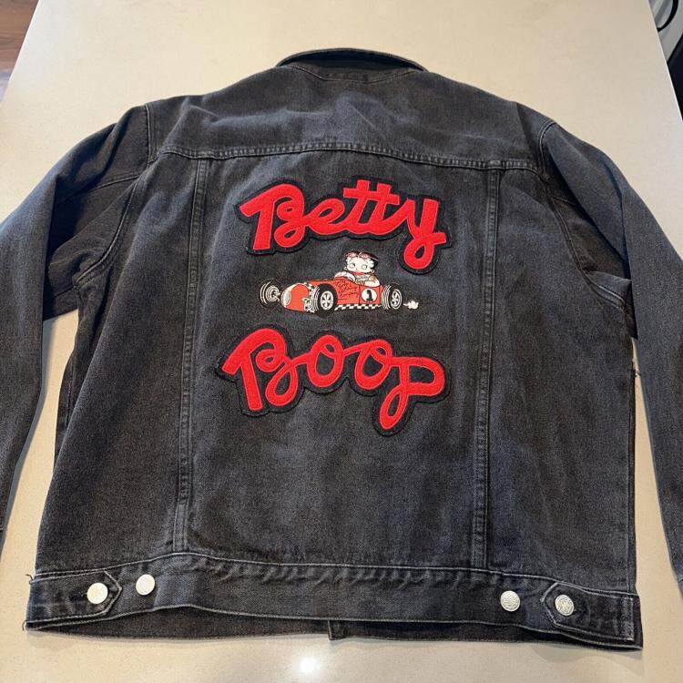 美国代购Jacket ▼古着黑色卡通娃娃摩托车赛车女士大号牛仔夹克
