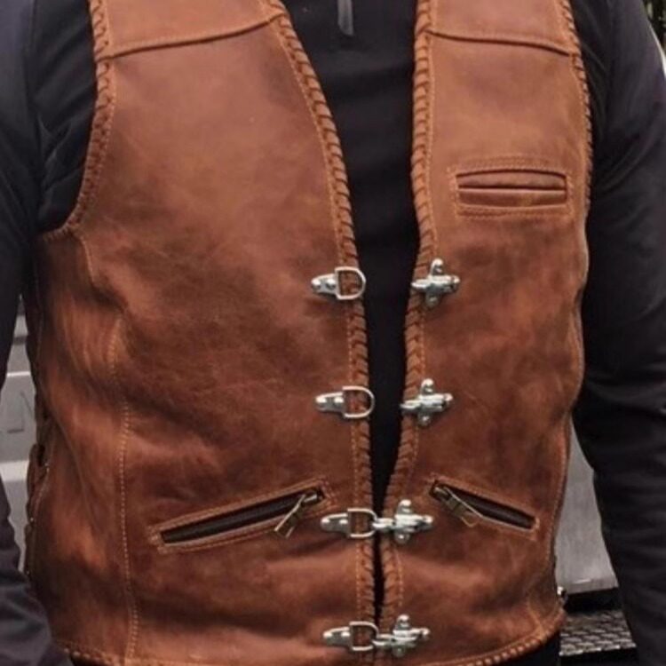 海外代购Jacket㊣ 手作仿旧棕色机车摩托车编织真牛皮背心马甲