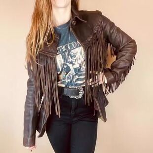 皮衣 古着1998年代棕色皮革编织流苏翻领修身 美国代购 Jacket㊣