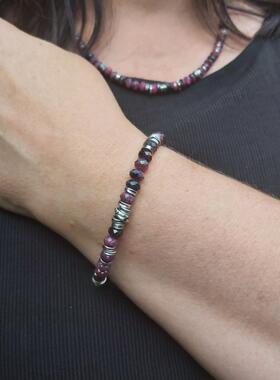 纯银红宝石刻面串珠间隔银珠手链