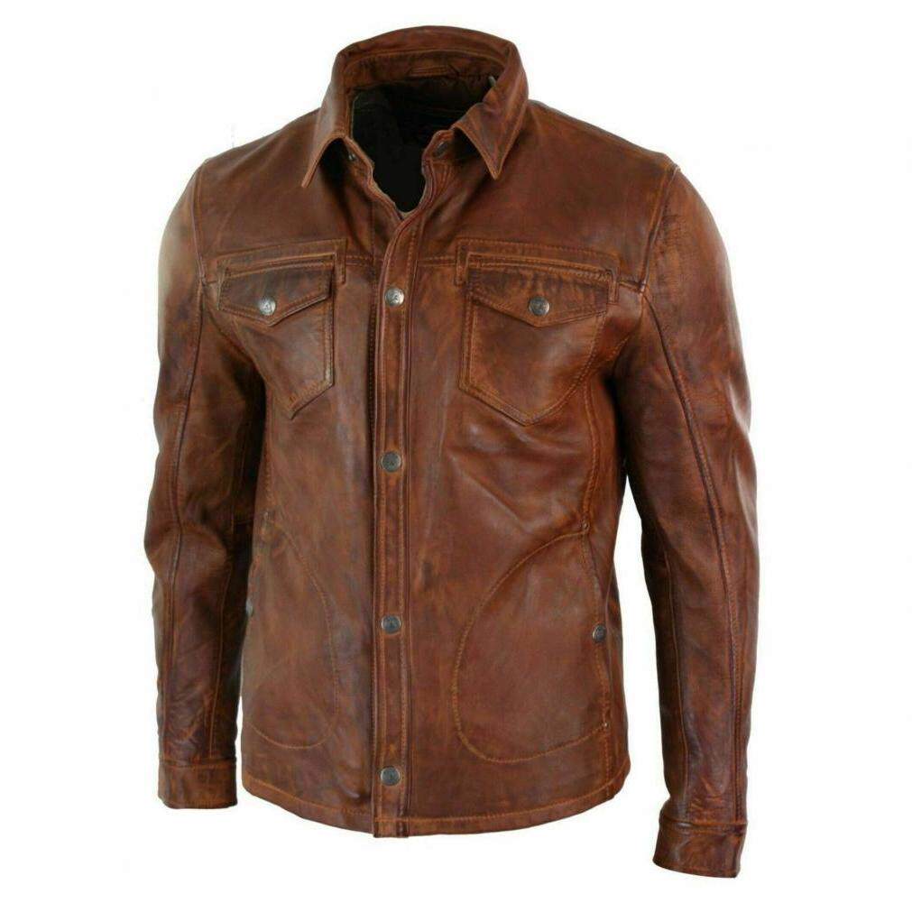 Jacket㊣海外代购 手作迷人经典胸口袋按扣棕色真皮摩托车皮衣