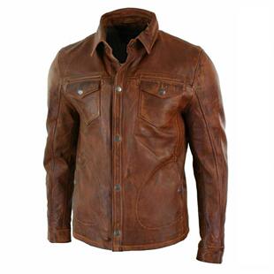 Jacket㊣海外代购 胸口袋按扣棕色真皮摩托车皮衣 手作迷人经典