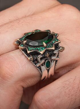 复古绿宝石纯银星星戒指