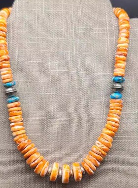 美国代购Necklace㊣ 手作华丽橙色多刺牡蛎绿松石纯银串珠项链