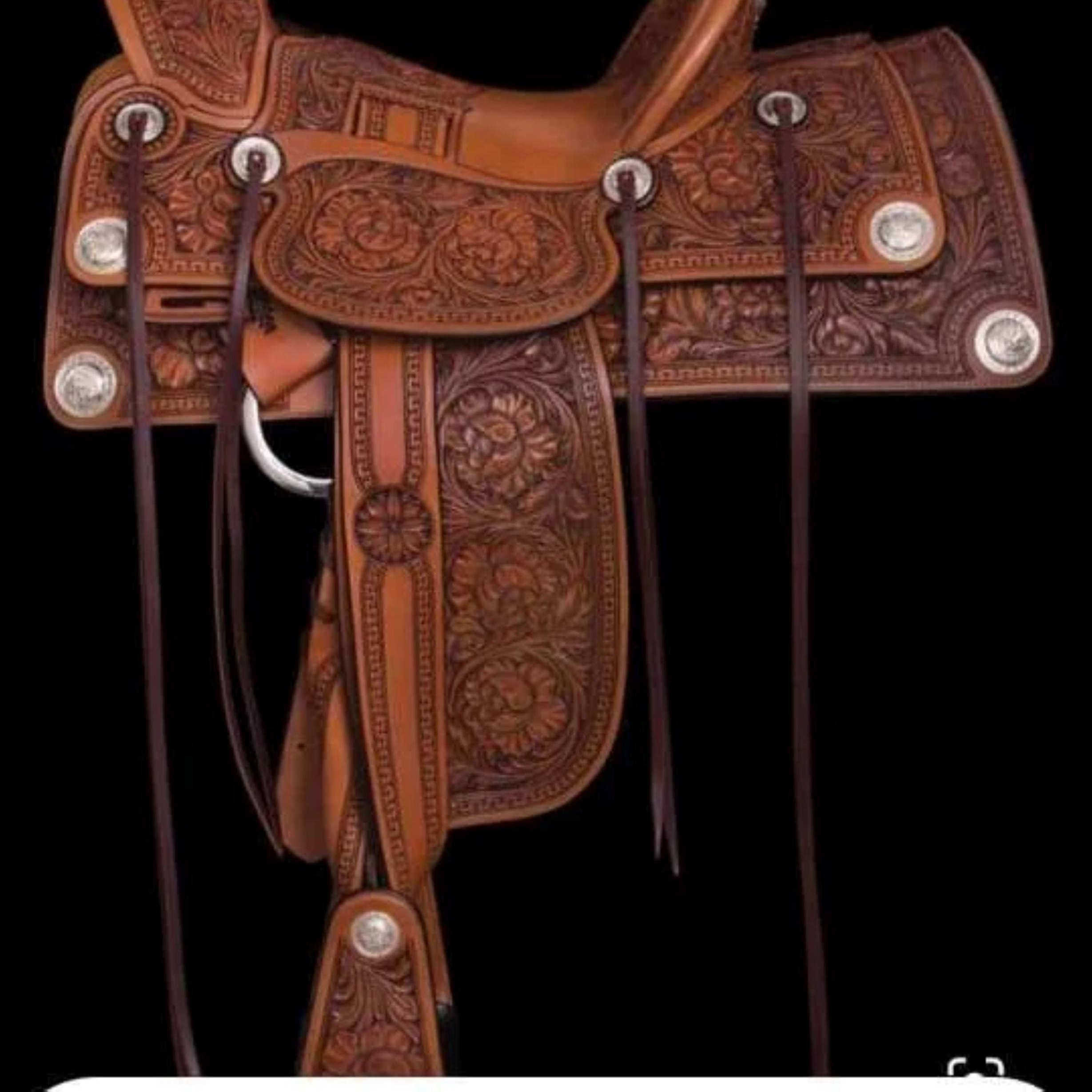 海外代购Floral◇手作深棕色真皮银色扣雕花头带胸带西部表演马鞍