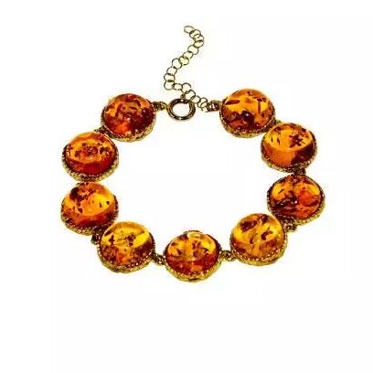 意大利代购Bracelet㊣ 手作华丽圆形波罗海琥珀镶嵌纯银镀金手链