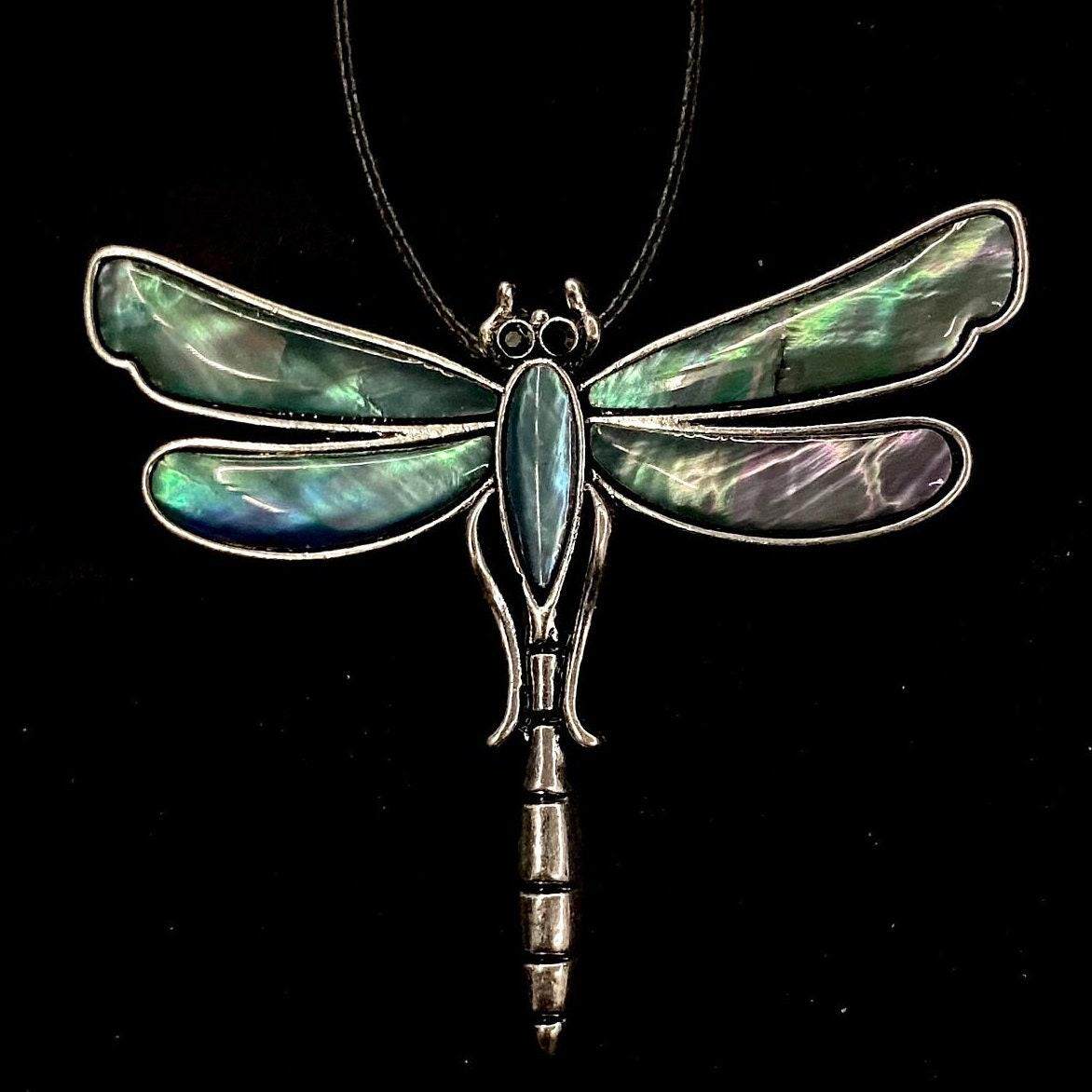 美国代购Necklace㊣ 手作镭射蓝绿色鲍鱼珍珠母贝蜻蜓吊坠项链