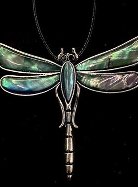 美国代购Necklace㊣ 手作镭射蓝绿色鲍鱼珍珠母贝蜻蜓吊坠项链