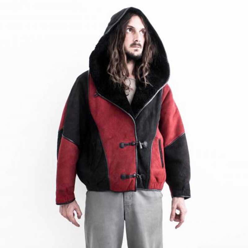 法国代购Hooded◇古着复古80年代羊皮连帽拼布飞行员保暖夹克皮衣
