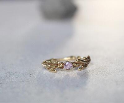 紫水晶14k纯金雪松叶戒指