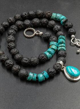 希腊代购Turquoise㊣ 手作华丽蓝色绿松石黑色熔岩串珠纯银项链