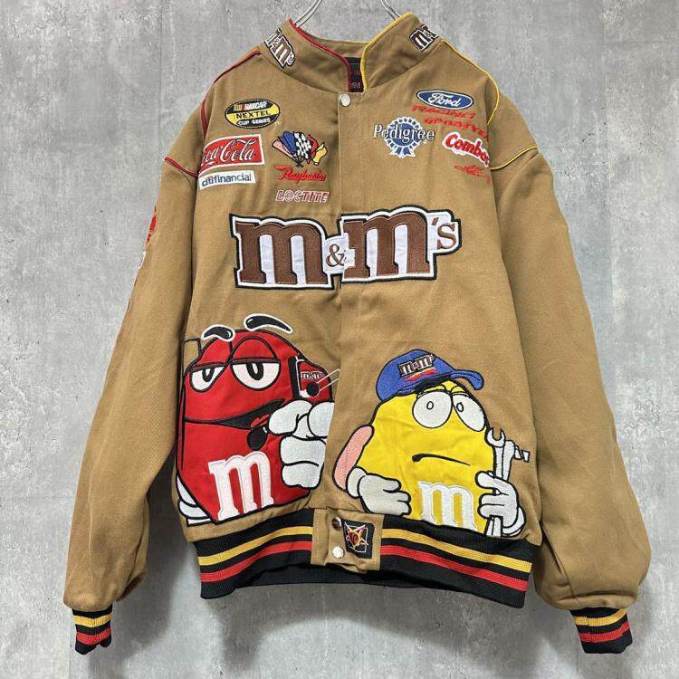 美国代购Racing ▼古着卡通M巧克力豆糖果人刺绣卡其赛车夹克外套