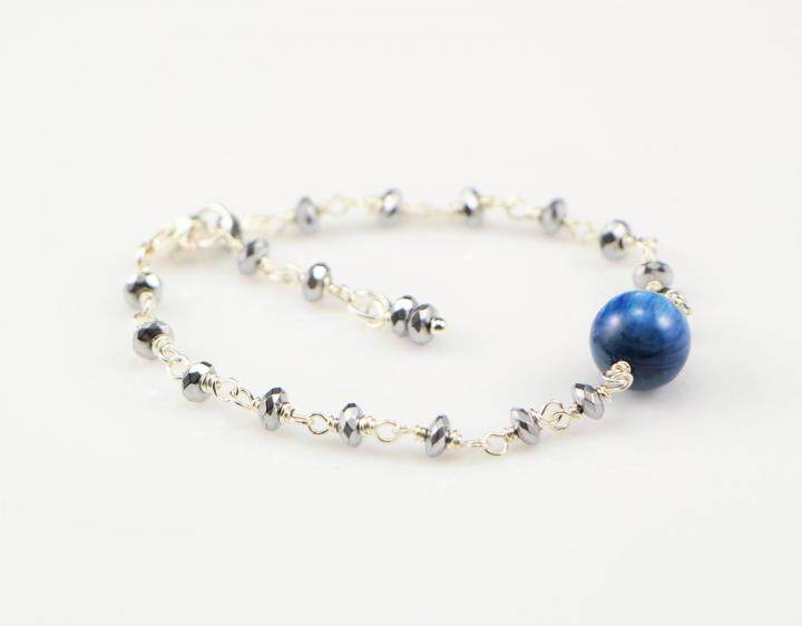 Bead㊣美国代购 手作美丽蓝色晶石点缀赤铁矿石串珠纯银手镯手链