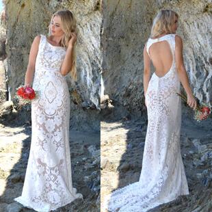 Beach㊣美国代购 手作梦幻波西米亚类似露背海滩美丽白色棉质婚纱