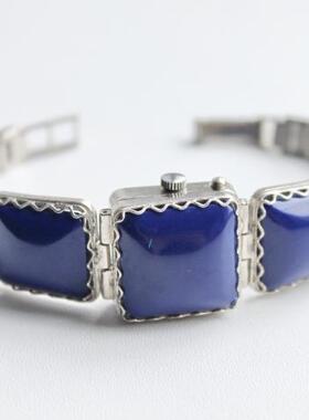 俄罗斯代购Lazuli◇古着复古青金石机械花丝手表手镯式女士腕表