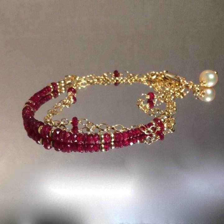美国代购Bracelet㊣ 手作华丽精致天然淡水珍珠金链红宝石手链