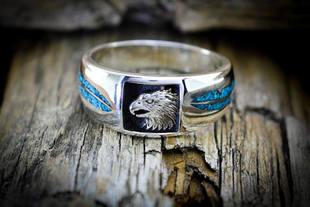 美国代购 Turquoise◇手作复古部落绿松石镶嵌老鹰羽毛纯银戒指