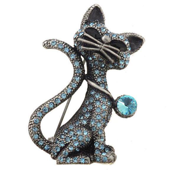 Brooch㊣美国代购 手作特别仿古趣味蓝猫设计水晶装饰胸针