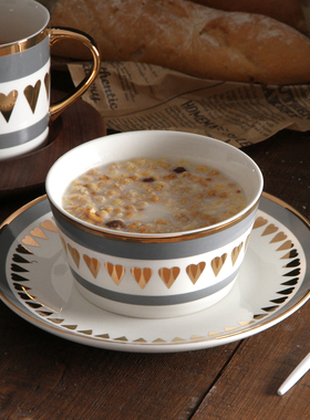 描金碗陶燕麦早餐碗 甜品碗家用芝士焗饭碗陶瓷水果沙拉碗拌饭碗