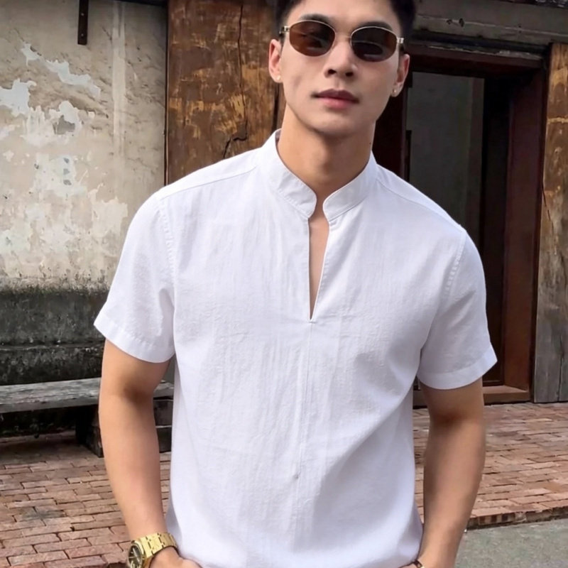 夏季短袖衬衫中国风立领白色衬衣凉爽透气半截袖休闲男装夏天上衣