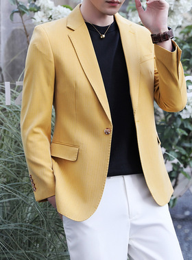 黄色西装男免烫休闲西装外套韩版潮上衣正装单西绿色大码高档西服