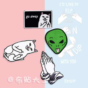 新款 中指猫皇家贱猫ripndip猫 手指猫布贴 刺绣熨烫肩章臂章 潮牌