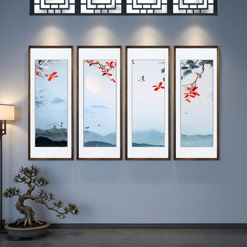苏绣成品挂画花鸟四条屏苏州纯手工刺绣客厅书房中式装饰画
