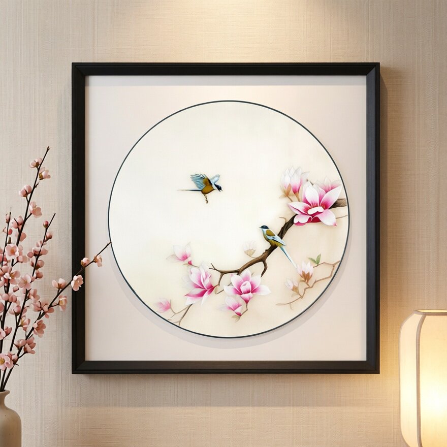 苏绣成品挂画客厅组合玉兰花鸟纯手工刺绣现代新中式装饰画