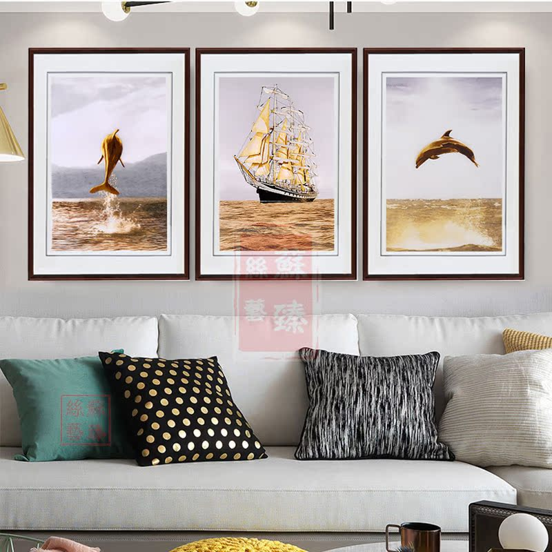 苏绣成品挂画客厅背景墙海洋三联装饰画苏州纯手工刺绣北欧式现代图片