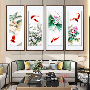 苏绣成品挂画四条屏荷花客厅新中式 饰壁画 纯手工刺绣背景墙装