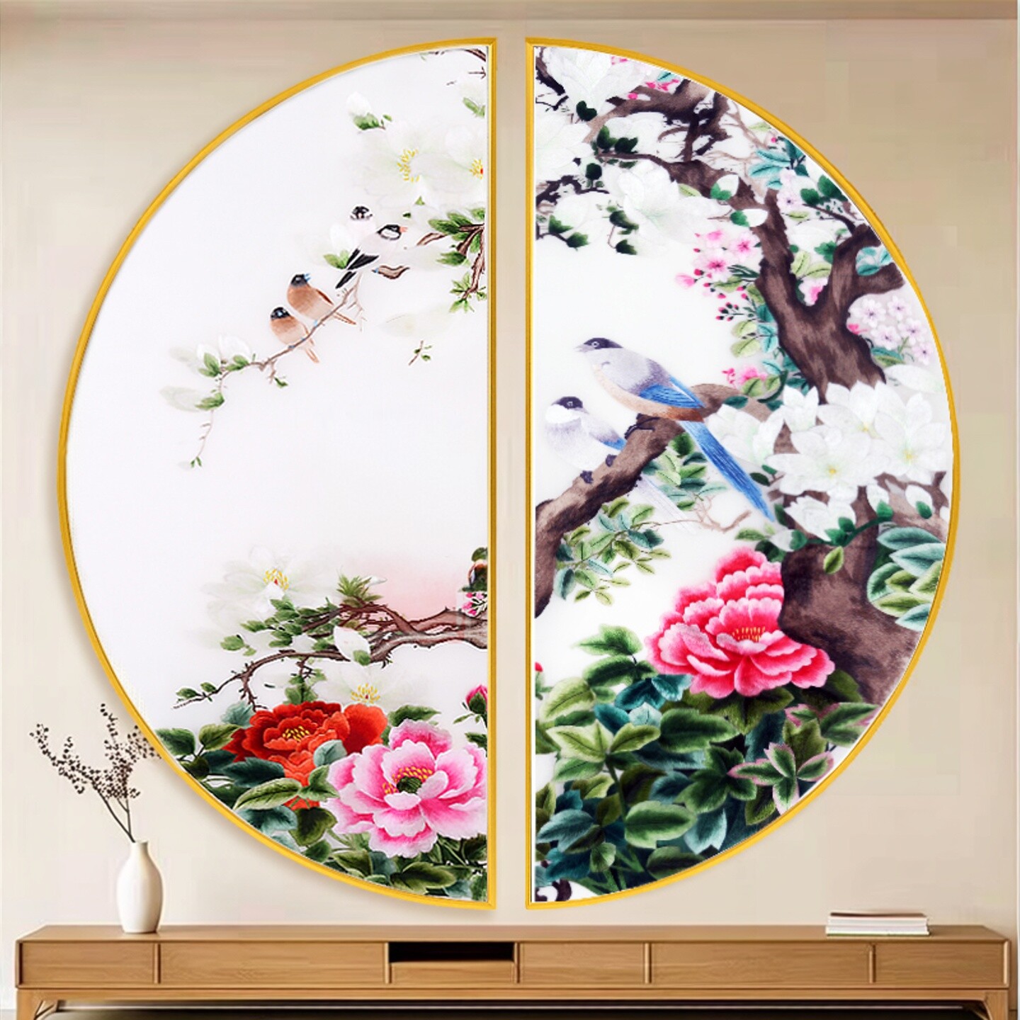 苏绣成品挂画半圆形双拼花鸟新中式客厅玄关装饰画苏州纯手工刺绣