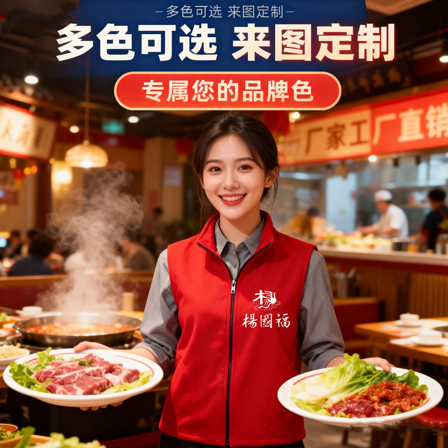 烧烤店服务员秋冬工装印图绣字餐饮服务业马甲工作服背心定制LOGO