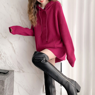 宽松显瘦套头百搭 净色针织衫 唐狮2025秋冬新款 女毛衣连帽中长款