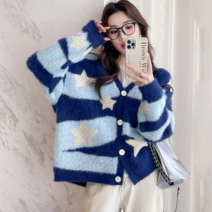 唐狮2026秋冬季女毛衣毛绒绒星星图案开衫外套显白色系设计感