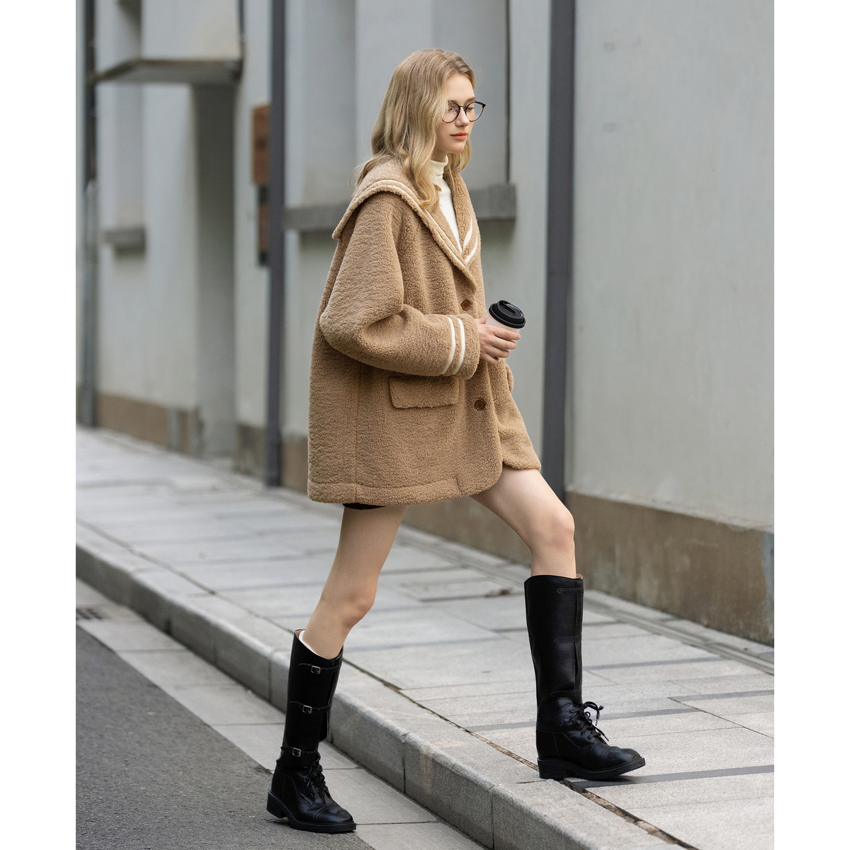 唐狮2025秋冬新款女厚外套毛茸茸学院风女海军领中长款仿羔毛外套