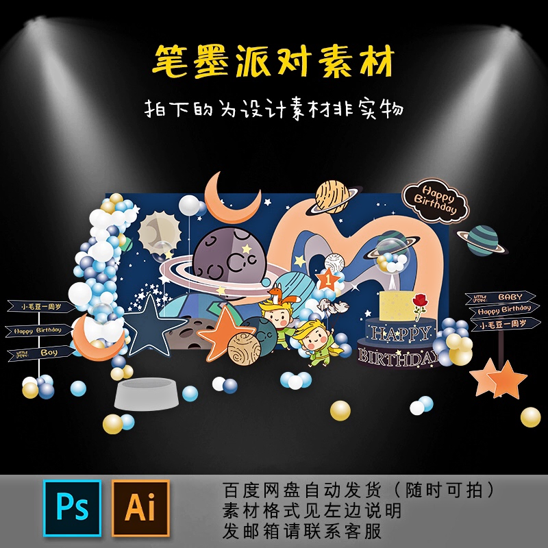 小王子主题宇宙星球宝宝宴生日宴派对PS百日宴背景星空舞台素材AI