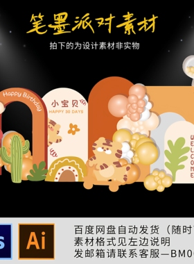 橙色森系可爱老虎宝宝宴照片墙周岁百天生日派对舞台背景设计素材