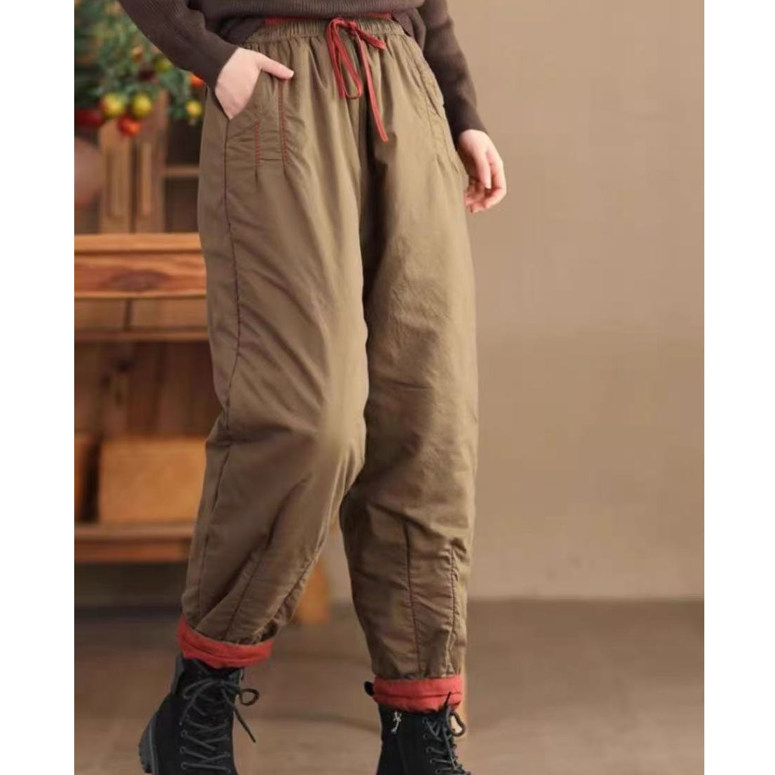 新款复古拼色松紧腰全棉夹棉棉裤女手工勾线100%棉加厚哈伦裤长裤,女装/女士精品,棉裤/羽绒裤,淘宝优惠券,粉丝福利购,淘宝优惠卷