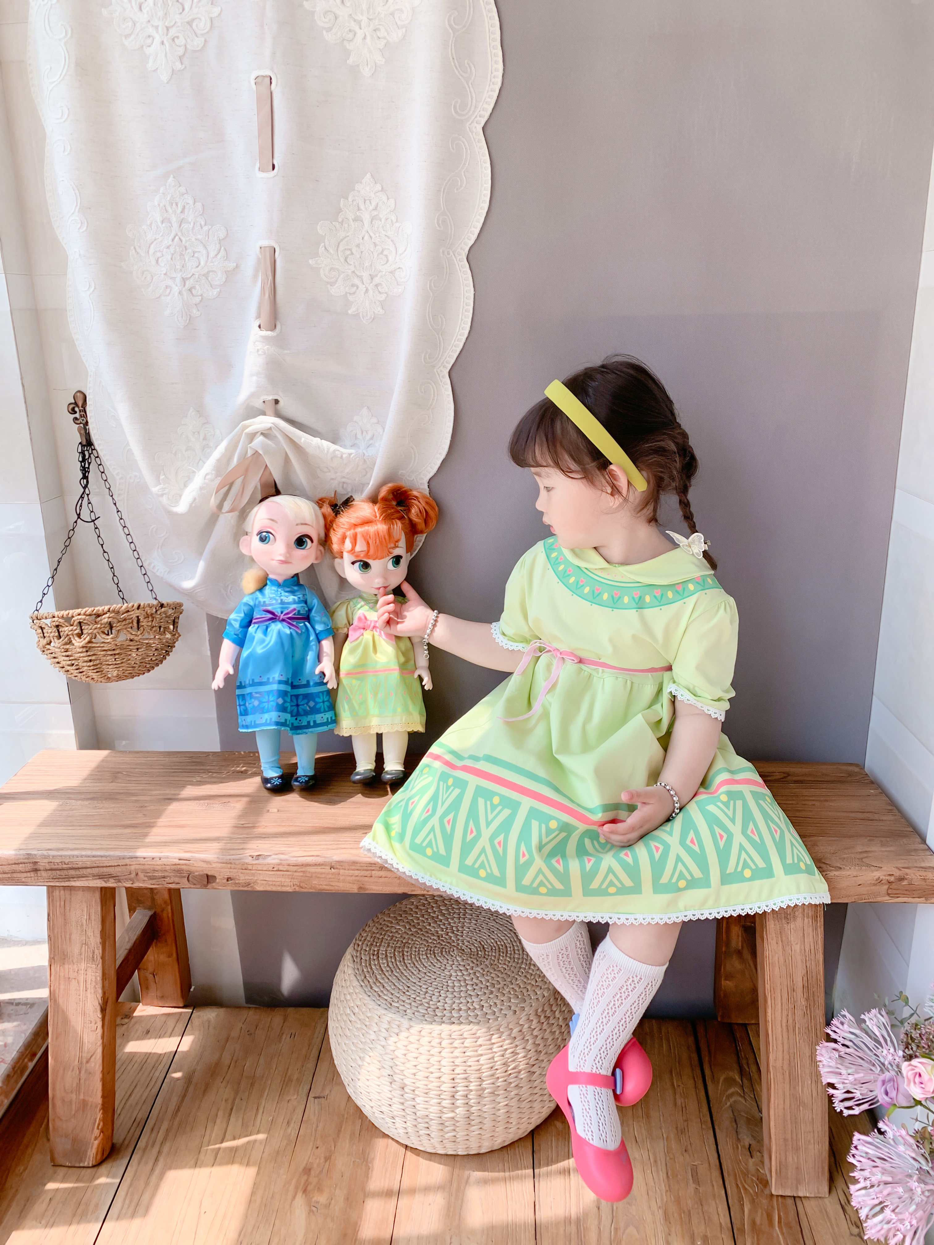 frozen原创春秋浅绿色印花公主裙