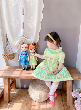 原创冰雪奇缘Frozen安娜公主裙春秋童装纯棉连衣裙浅绿色印花长裙