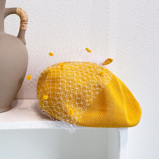 法式 英伦赫本风优雅蕾丝画家帽 复古名媛风网纱贝雷帽子女春夏薄款