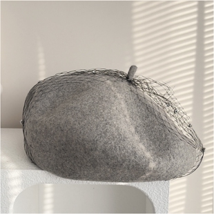日系复古100%纯羊毛网纱水钻贝雷帽女秋冬百搭保暖显脸小画家帽子