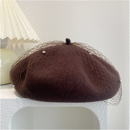 100%羊毛网纱水钻贝雷帽女画家帽